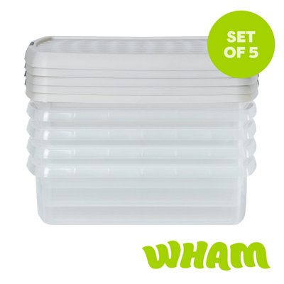 Wham Clip 5X 8.5L Rectangular Plastic Storage Boxes With Clip Lock Lids. Ideal For HomeOfficeToys & MoreClear/stone from B&Q