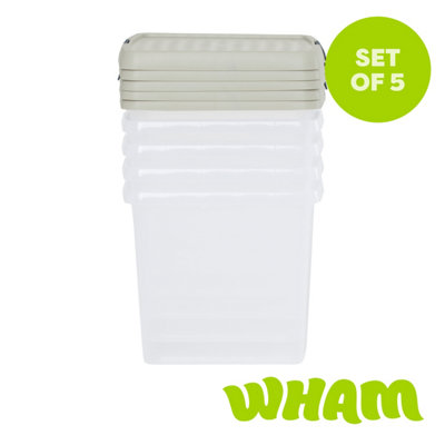 Wham Clip 5X Square Plastic Storage Boxes With Clip Lock Lids. Ideal For Home, Office, Toys & More - Clear/Stone 14L
