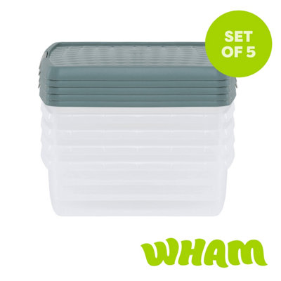 Wham Clip 5X 13.2L Square Plastic Storage Boxes With Clip Lock Lids. Ideal For HomeOfficeToys & MoreClear/green Milieu from B&Q