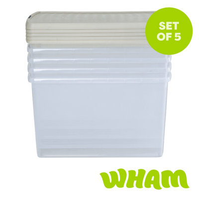Wham Clip 5X 62L Rectangular Plastic Storage Boxes With Clip Lock Lids. Ideal For Home, Office, Toys & More - Clear/Stone