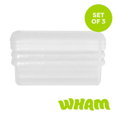 Wham Clip 3 X 7L Rectangular Plastic Storage Boxes With Clip Lock Lids. Ideal For Home, Office, Toys & More - Clear/Clear