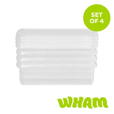 Wham Clip 4 X 7L Rectangular Plastic Storage Boxes With Clip Lock Lids. Ideal For Home, Office, Toys & More - Clear/Clear