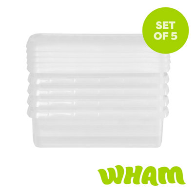 Wham Clip 5 X 7L Rectangular Plastic Storage Boxes With Clip Lock Lids. Ideal For Home, Office, Toys & More - Clear/Clear