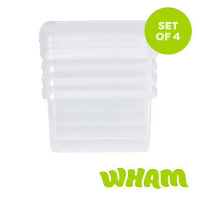 Wham Clip 4X 9L Square Plastic Storage Boxes With Clip Lock Lids. Ideal For Home, Office, Toys & More - Clear/Clear
