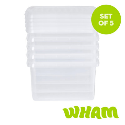 Wham Clip 5X Square Plastic Storage Boxes With Clip Lock Lids. Ideal For Home, Office, Toys & More - Clear/Clear 9L