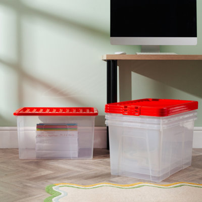 Wham Crystal 60L Stackable Plastic Storage Clear Boxes With Stronger Colour Lids | Ideal For Home, Office, Toys & More | Large Boxes (Pack 4, Red Lid) - Image 3