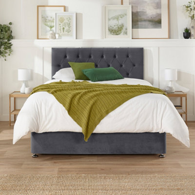 Aspire Olivier Divan, Plush Fabric, Strutted Headboard, No Drawers, King Grey