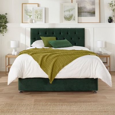 Aspire Olivier Divan, Plush Fabric, Strutted Headboard, No Drawers, Pine Single Green