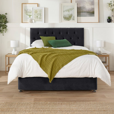 Aspire Olivier Divan, Plush Fabric, Strutted Headboard, No Drawers, Double Onyx