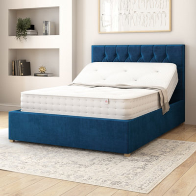 Aspire Olivier Electric Adjustable Bed Upholstered With Pocket Sprung Mattress Uk Made, Plush Navy, Size Superking Light