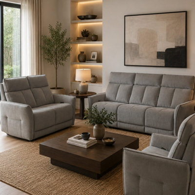 B&Q -  Grayson Fabric Upholstered Power Recliner 3 + 2 + 1 Sofa Set With Usb Charging