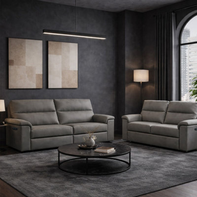 B&Q -  Marlowe Real Leather Power Recliner 3 + 2 Sofa Set With Usb ChargingSlate