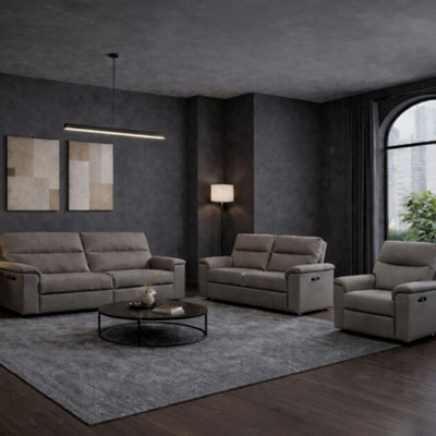 B&Q -  Marlowe Real Leather Power Recliner 3 + 2 + 1 Sofa Set With Usb ChargingSlate