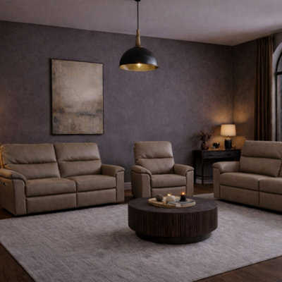 B&Q -  Marlowe Real Leather Power Recliner 3 + 2 + 1 Sofa Set With Usb ChargingTaupe
