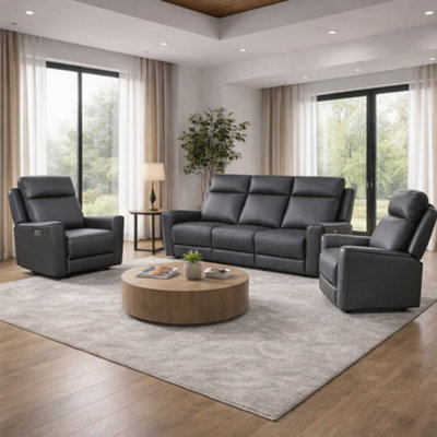 Aspire Rivington Real Leather Power Recliner 3 + 1 + 1 Sofa Set With Usb ChargingCharcoal