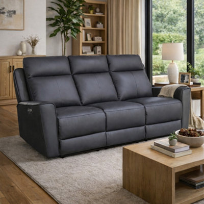 Aspire Rivington Real Leather Power Recliner Three Seater Sofa With Usb ChargingCharcoal