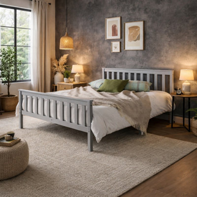 B&Q -  Langley Wooden Slatted Bed FrameShaker Style Bed In GreySolid Wood BedsteadSingle To Super King