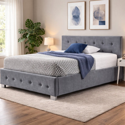 B&Q -  Richmond Side Lift Ottoman Storage Bed FrameButtoned Fabric Bed With Sprung Slats And Side Opening StorageSteel Velvet