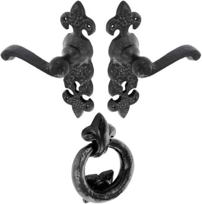 Fleur De Lys Lever Traditional Lock Door Handle & Ring Knocker SetAntique BlackPair Of Handles For Interior & Exterior Doors from B&Q