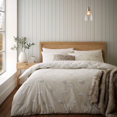Catherine Lansfield Brushed Cotton Sheep Reversible Duvet Cover Set With Pillowcase Natural