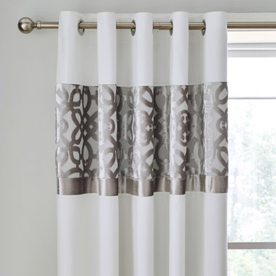 Catherine Lansfield Lattice Cut Velvet 66x72 Inch Lined Eyelet Curtains Two Panels Natural - Image 9