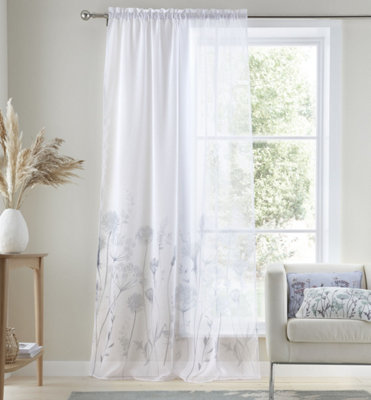 Catherine Lansfield Meadowsweet Floral 55X54 Inch Tab Top Voile Curtain Panel White