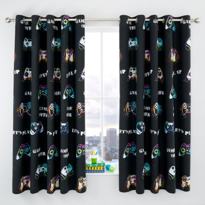 Catherine Lansfield Game Over 66X72 Inch Eyelet Curtains Two Panels Black