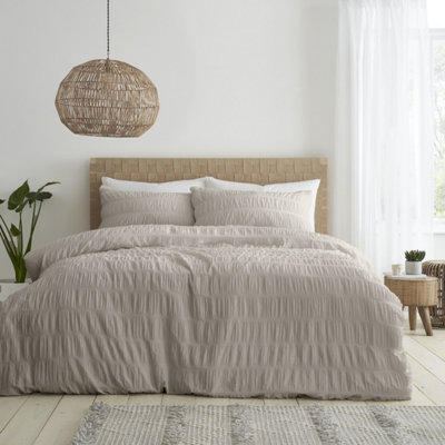 Catherine Lansfield Bedding Seersucker Embellished Duvet Cover Set With Pillowcases Natural from B&Q