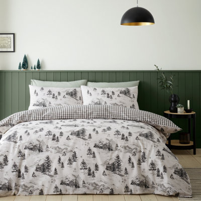 Catherine Lansfield Bedding Brushed Cotton Alpine Village Duvet Cover Set With Pillowcase Natural