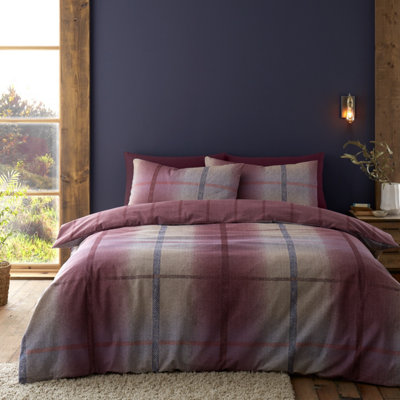 Catherine Lansfield Bedding Brushed Cotton Melrose Tweed Check Reversible Duvet Cover Set With Pillowcases Plum Green