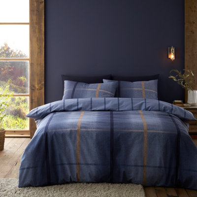 Catherine Lansfield Unisex Blue Melrose Tweed Check 100% Brushed Cotton Duvet Cover Set In | Size: King - Image 10