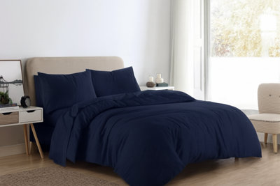 B&Q -  Brushed Cotton Plain Navy Blue Duvet Cover Set Super King Bedding Set