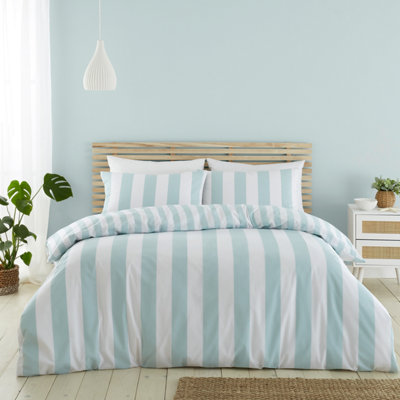 Catherine Lansfield Bedding Cove Stripe Reversible King Duvet Cover Set With Pillowcases Seafoam Blue