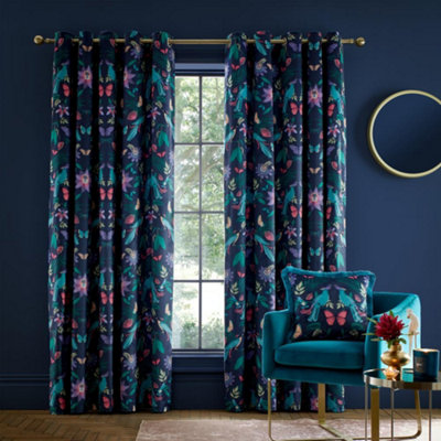 Catherine Lansfield Mya Fully Lined Ready Made Birds Eyelet Curtains Navy 66X54" from B&Q