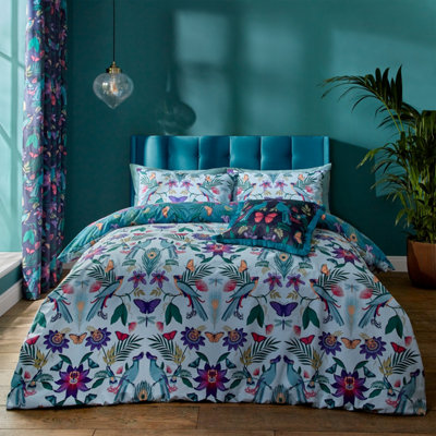 B&Q -  Bedding Mya Tropical Floral Reversible Duvet Cover Set Duck Egg Blue