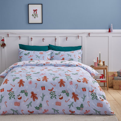 Catherine Lansfield Christmas Gingerbread Soft Microfibre Reversible King Duvet Cover Set With Pillowcases Blue
