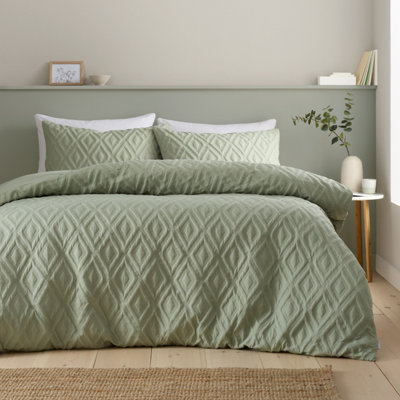 Catherine Lansfield Green Jacob Geo Soft Touch Double Duvet Cover Set With Pillowcases Sage