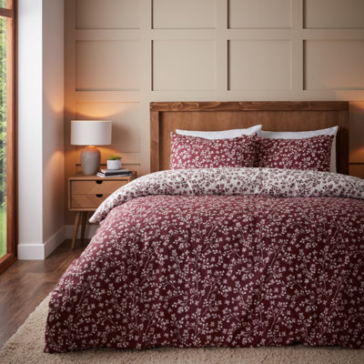 Catherine Lansfield Red Brushed Grace Floral Leaf Cotton Reversible Duvet Cover Set With Pillowcases