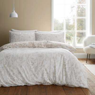 Bianca Brushed Cotton Floral Toile Reversible Duvet Cover Set With Pillowcases Natural