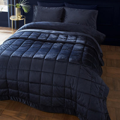 Catherine Lansfield Blue Kingsley Matt Velvet Quilted 220X220 Cm Bedspread Navy