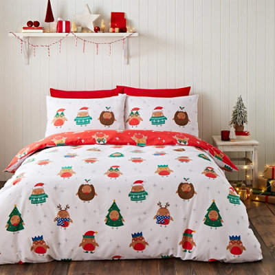 Catherine Lansfield Grey Christmas Party Robins Reversible King Duvet Cover Set With Pillowcases