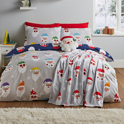B&Q -  Christmas Santa Spec-Tacular Reversible Duvet Cover Set With Pillowcase Grey