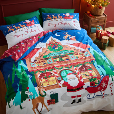 Catherine Lansfield Blue Christmas Santa's Workshop Reversible King Duvet Cover Set With Pillowcases Navy