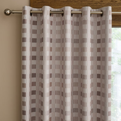Catherine Lansfield Wilson Check Blackout Thermal 46X54 Inch Eyelet Curtains Two Panels Natural