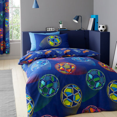 Catherine Lansfield Bright Football Reversible Duvet Cover Set With Pillowcase Navy Blue
