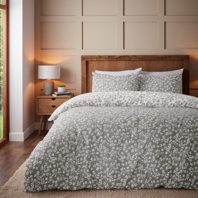 Catherine Lansfield Brushed Grace Floral Leaf Cotton Reversible Duvet Cover Set With Pillowcases Grey