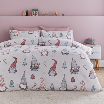 Catherine Lansfield Christmas Festive Gnomes Cosy Fleece Duvet Cover Set With Pillowcase Pink