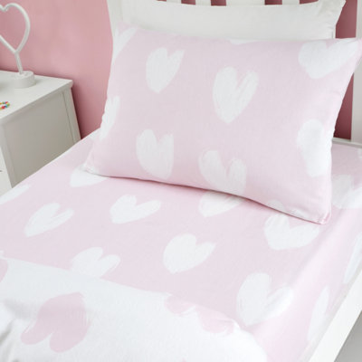 B&Q -  Brushed Cotton Hearts Fitted Sheet White Pink