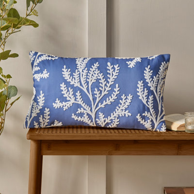 Catherine Lansfield Coral/Blue Leaf Embroidered 30X50cm Cushion