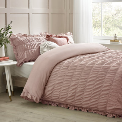 Catherine Lansfield Pink Seersucker Frill Duvet Cover Set With Pillowcases